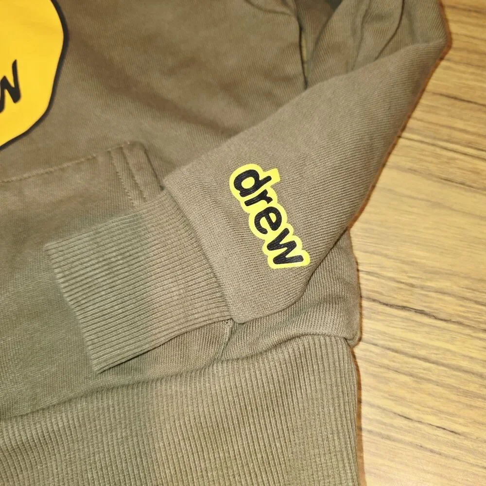 drew house Olive Green Hoodie with Yellow Smiley Logo